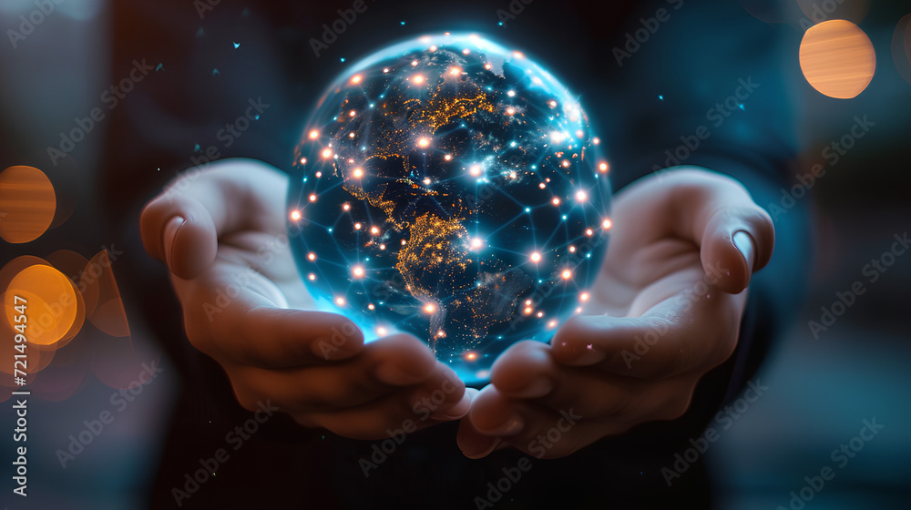 Pair of hands holding a transparent globe with digital connections and ...
