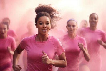 Poster - Women participating in a race, wearing pink attire. Suitable for sports events or charity runs