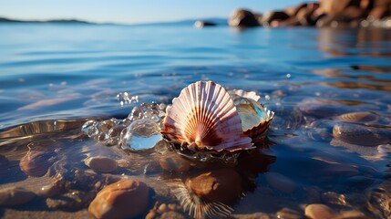 A close-up of a seashell resting on the cobalt blue ocean shore, glistening under the sunlight