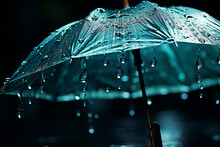 Transparent Umbrella Under Rain Against Water Drops Splash Background. Rainy Weather Concept