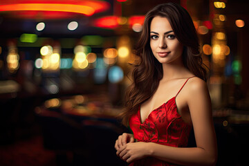 Wall Mural - Portrait of a beautiful brunette woman in red dress posing at night club