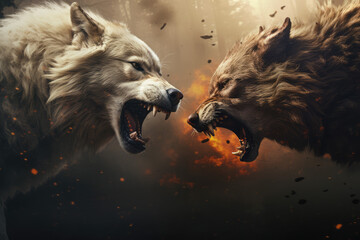 Wall Mural - Two wolves are fighting in the snow. Two wolves are fighting.