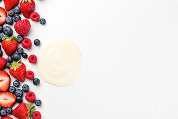 Wall Mural - Homemade yogurt with fresh berries on white background. Top view, copy space