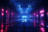 Fototapeta Do przedpokoju - Futuristic corridor with glowing neon lights. 3D Rendering