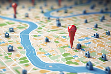 Poster - 3d illustration of map with red pointers over blue background with map