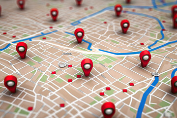 Poster - 3d illustration of map with red pointers over blue background with map