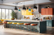 kitchen with a pop of color on the island and pendant light
