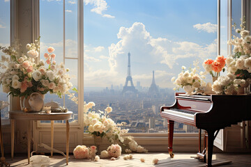Eiffel tower, piano and flowers in Paris, France