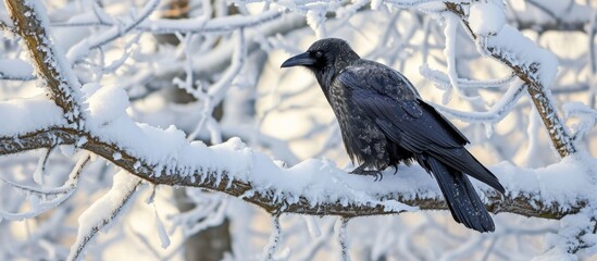 Wall Mural - Majestic Crow Perched on Snow-Covered Oak Branch