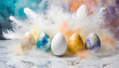 Wielkanocne tło,  kolorowe jajka pisanki w piórkach