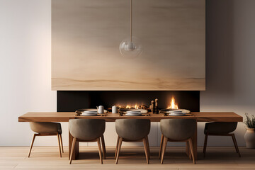 minimalist dining space with a floating fireplace