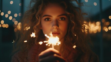 Poster - A woman holds a sparkler in front of her face, creating a mesmerizing and magical glow. Perfect for adding a touch of excitement and celebration to any project