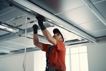Poster - A man in an orange shirt is fixing a ceiling. Suitable for home improvement and repair projects