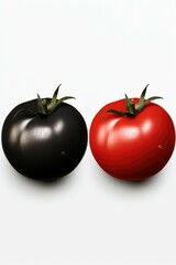 Wall Mural - Two black and red tomatoes on a white surface. Ideal for food and agriculture-related projects