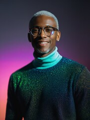 Wall Mural - The image features a man with white hair and glasses, wearing a blue-green turtleneck against a purple-black background.