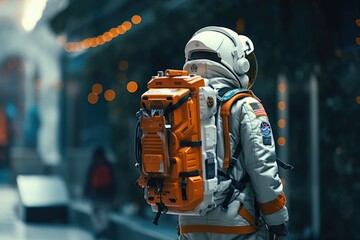 Poster - Astronaut wearing a space suit and carrying a backpack. Suitable for science fiction, space exploration, and futuristic concepts