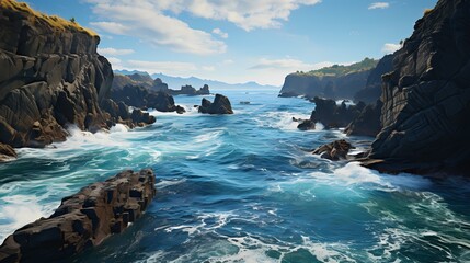 A mesmerizing shot of the cobalt blue ocean, with waves crashing against jagged rocks