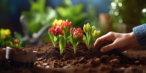 Poster - A person is shown planting flowers in the dirt. This image can be used to depict gardening, landscaping, or outdoor activities