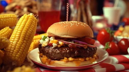 Canvas Print - A delicious hamburger and corn on a plate, with a candle for a cozy atmosphere. Perfect for restaurant menus or food-related designs