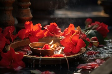Aufkleber - A bowl of water with a lit candle. Can be used for relaxation, meditation, or as a centerpiece for a calming atmosphere