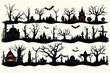 A collection of spooky silhouettes featuring haunted houses and eerie trees. Perfect for Halloween decorations and themed projects