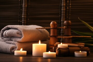 Aufkleber - A pile of towels and candles on a table. Suitable for spa, relaxation, and self-care themes