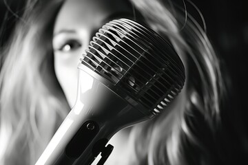 Poster - A woman holding a hair dryer in front of her face. Ideal for beauty and personal care concepts
