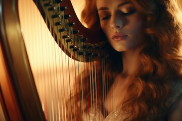 Poster - A woman with long hair playing a harp. Suitable for music-related projects and artistic compositions