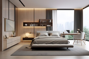 Wall Mural - modern bedroom with a sleek built-in desk for work