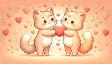 This Image Depicts Two Adorable Cartoon Cats Holding A Red Heart Between Them Against A Backdrop Of Floating Hearts And A Soft Peach-colored Background.