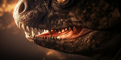 Poster - A close up of a dinosaur's face with its mouth open. Perfect for educational materials or children's books