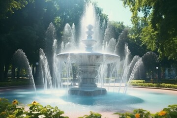 Poster - A picture of a fountain in a park with water spouting from it. Can be used for various outdoor and nature-themed projects