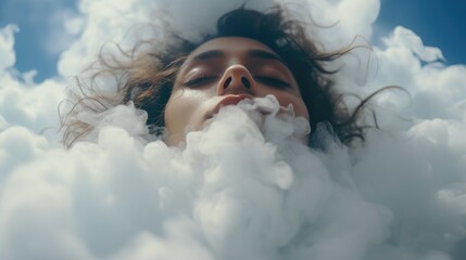 Poster - A woman laying in the clouds with her eyes closed. Suitable for meditation or relaxation-themed projects