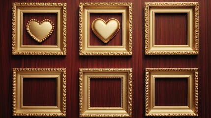 Poster - A collection of four gold frames, each containing a heart. Perfect for adding a touch of elegance to your designs