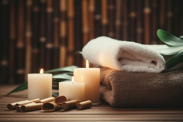 Poster - A simple yet elegant arrangement of towels, candles, and bamboo sticks on a table. Perfect for adding a touch of relaxation and tranquility to any space