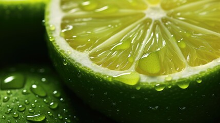 Poster - A detailed view of a lime slice with sparkling water droplets. Perfect for refreshing summer concepts or healthy drink themes