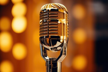 Poster - A close-up shot of a microphone with vibrant lights in the background. Perfect for capturing the energy and excitement of live performances or events.