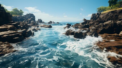 A mesmerizing shot of the cobalt blue ocean, with waves crashing against jagged rocks