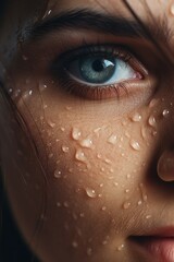 Wall Mural - A close-up shot of a woman's face with water droplets. Perfect for skincare or beauty-related projects