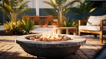 Wall Mural - A fire pit sitting on top of a brick patio, perfect for cozy outdoor gatherings.