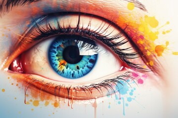 Poster - A close up of a person's eye with vibrant paint splatters. Ideal for creative projects and artistic concepts