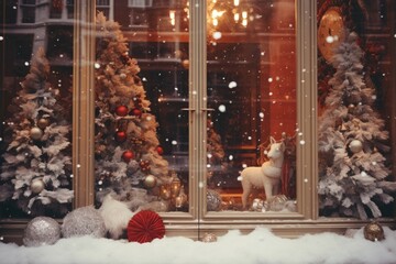 Poster - A festive window display with Christmas decorations featuring an adorable dog. Perfect for holiday-themed designs and promotions
