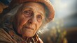 An image of an old woman wearing a hat and scarf. This picture can be used to depict a senior citizen or to illustrate winter fashion