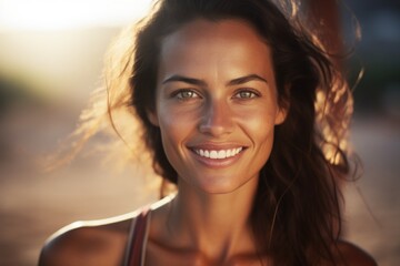 Aufkleber - A woman with long brown hair smiling at the camera. Perfect for websites, blogs, and social media profiles