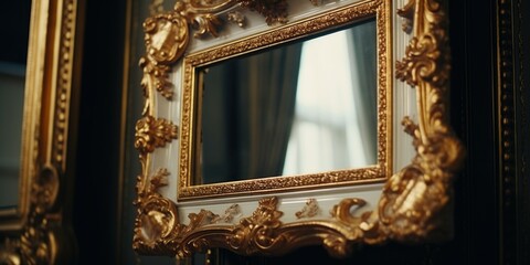 Poster - A gold framed mirror hanging on a wall. Suitable for home decor or interior design projects
