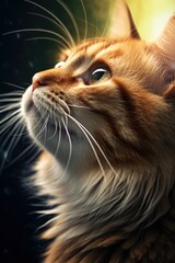 Poster - A close-up view of a curious cat looking up. This image can be used to portray curiosity, attentiveness, or simply as a representation of cats