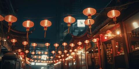 Poster - Red lanterns hanging over the street. Suitable for festive decorations and cultural celebrations