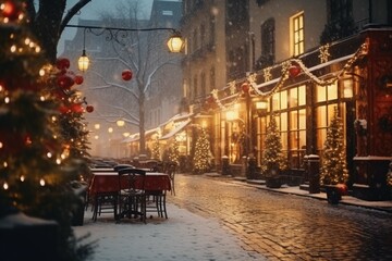 Poster - A picturesque snowy street adorned with beautiful Christmas lights and decorated tables and chairs. Perfect for creating a festive and cozy atmosphere.