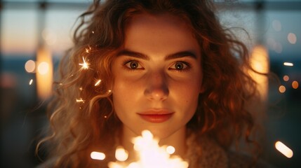 Poster - A woman holding a sparkler in front of her face. This image can be used for various occasions and celebrations