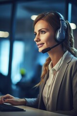 Poster - A woman wearing a headset sitting in front of a computer. Ideal for business, customer service, and telecommuting concepts